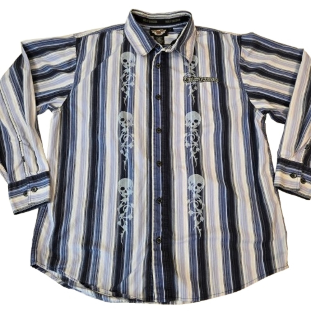 Vintage Harley Davidson Men's Blue and White Striped Skull Shirt Size Large